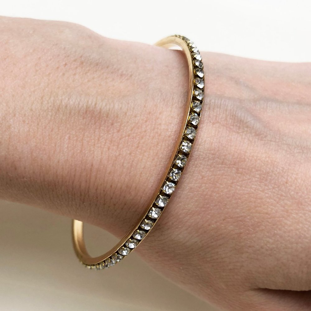 Crystal bangle bracelet gold tone, thin clear rhinestone bangle